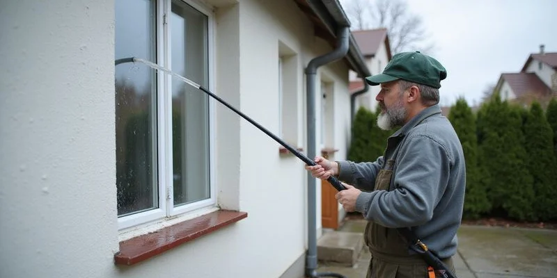 Pracownik Wawa Wash myje elewację domu jednorodzinnego przy użyciu lancy teleskopowej na przedmieściach Warszawy