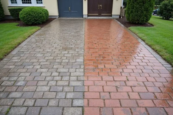 Mycie kostki brukowej — efekt przed i po